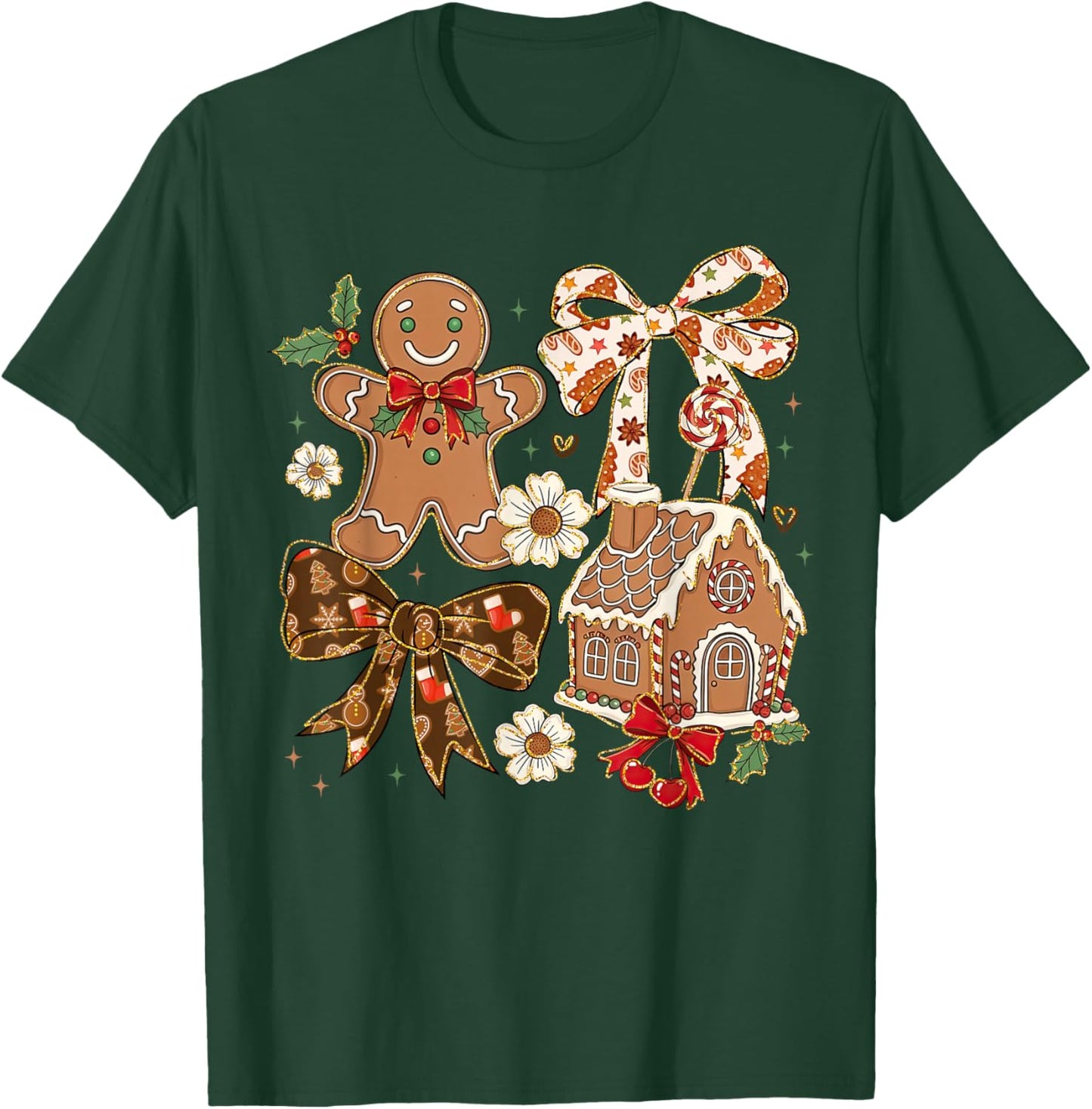 Christmas Gingerbread House Coquette Bow Xmas Girls Women T-Shirt - T-Shirt | Forest