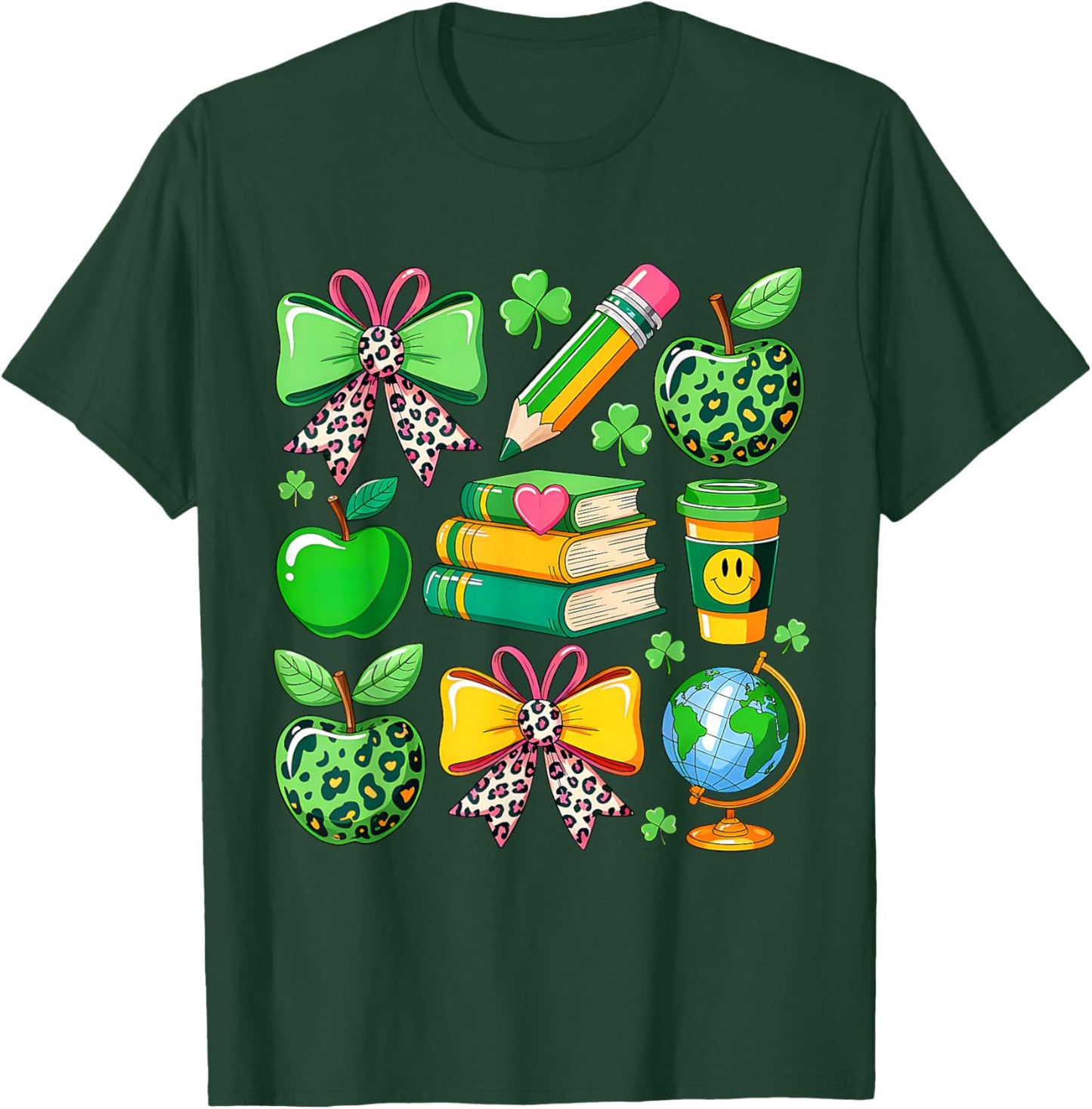 St Patrick's Day Lucky Teacher Shamrock Coquette Bow Pencil T-Shirt - T-Shirt | Forest