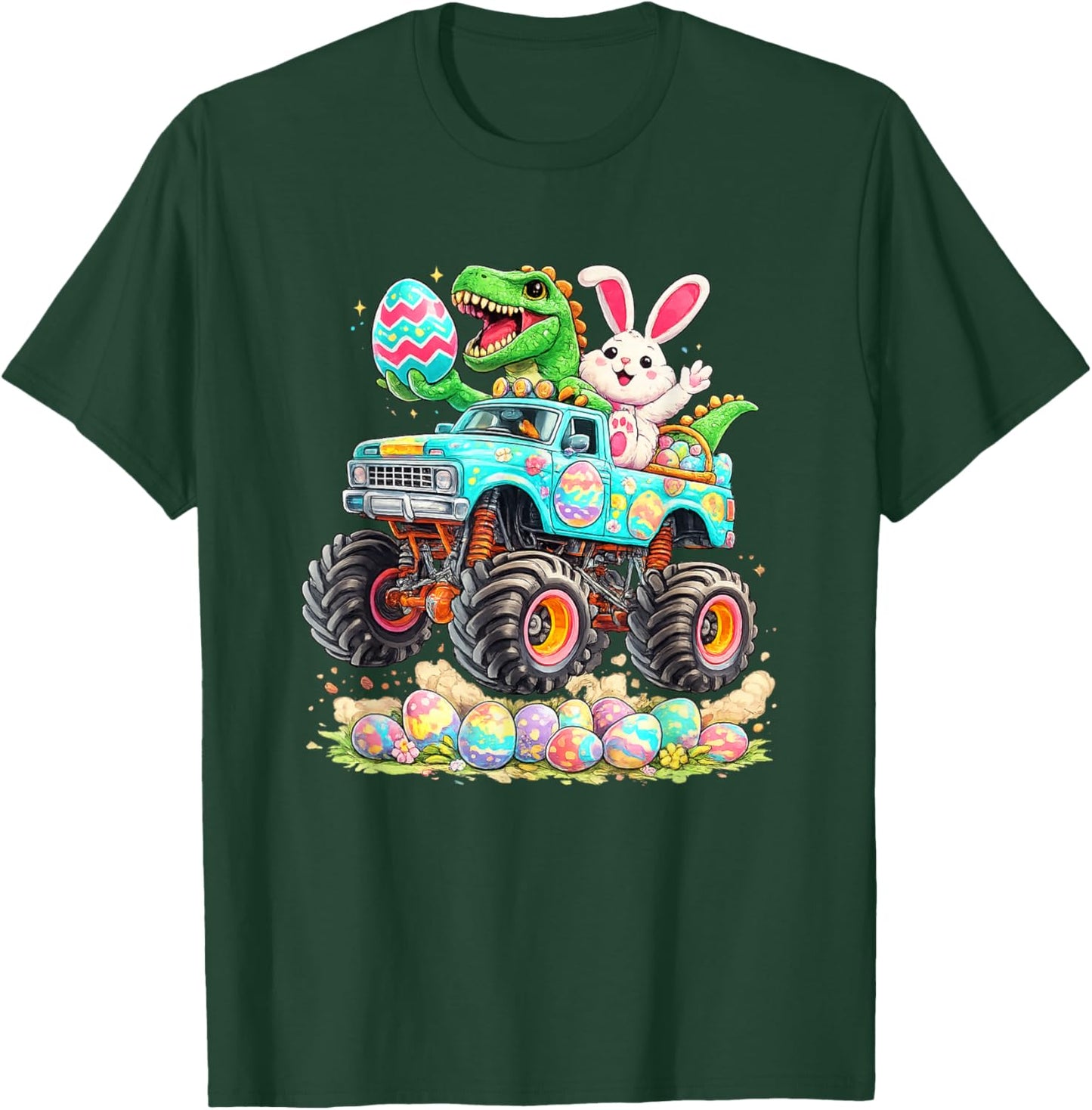 Dinosaur Bunny with Truck Easter Funny Egg Hunt Kids Boys T-Shirt - T-Shirt | Forest