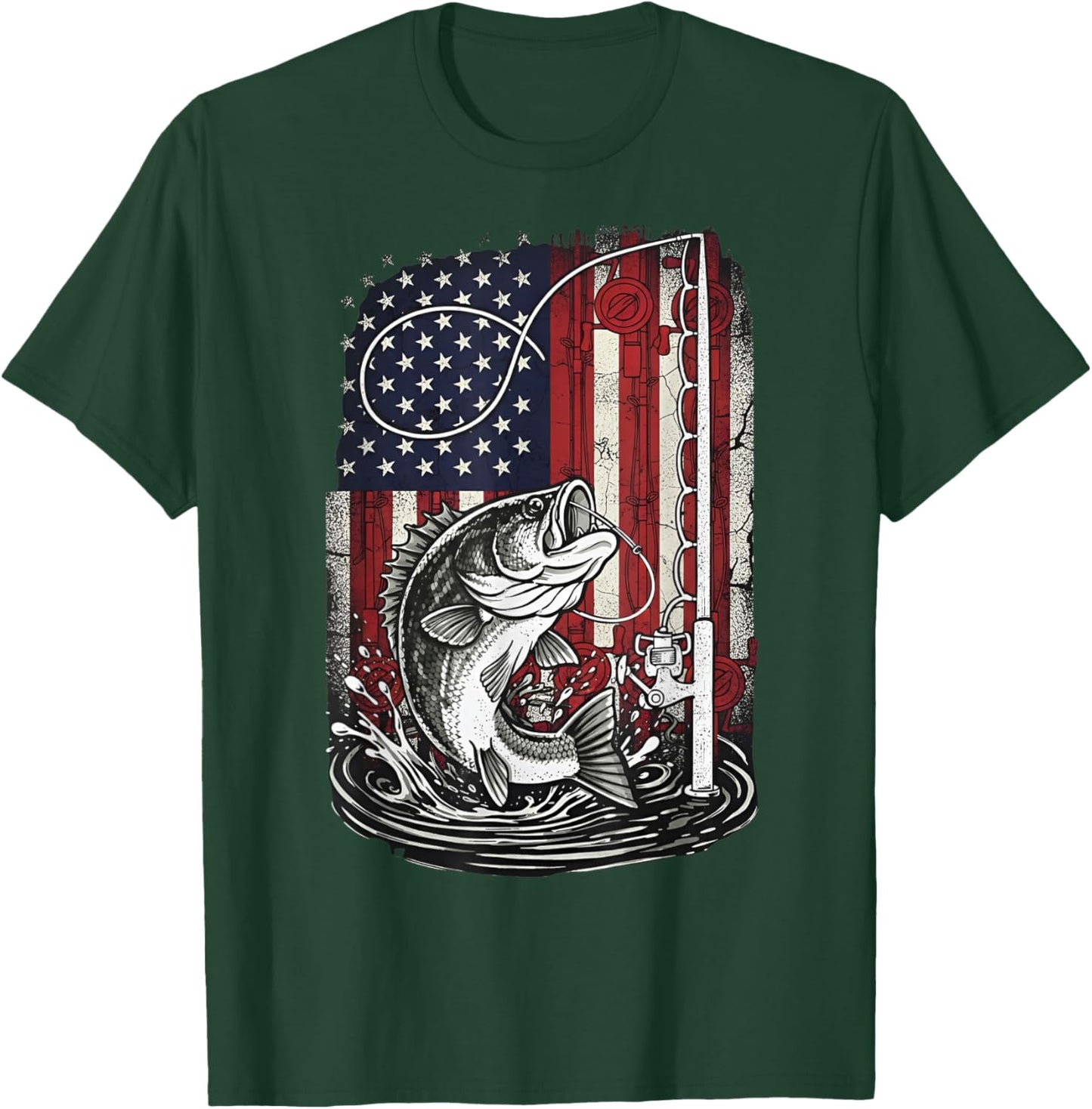 Fishing Camo Bass Fish Camouflage American Flag Fisherman T-Shirt - T-Shirt | Forest