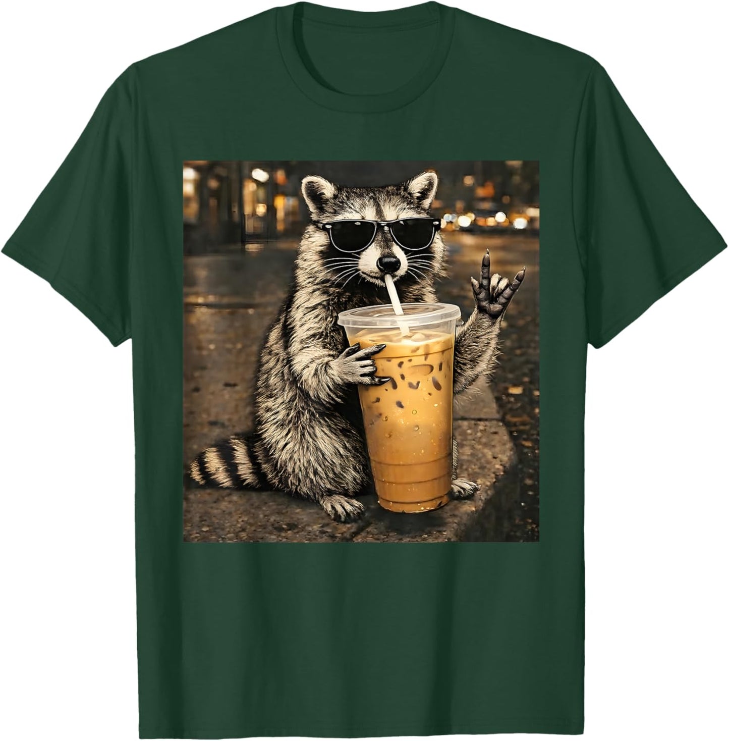 Raccoon Drinking Iced Coffee Funny Animal Meme Men Women T-Shirt - T-Shirt | Forest