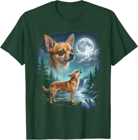 Chihuahua Dog Moonlit Night Art Chihuahua Howling at Moon T-Shirt - T-Shirt | Forest