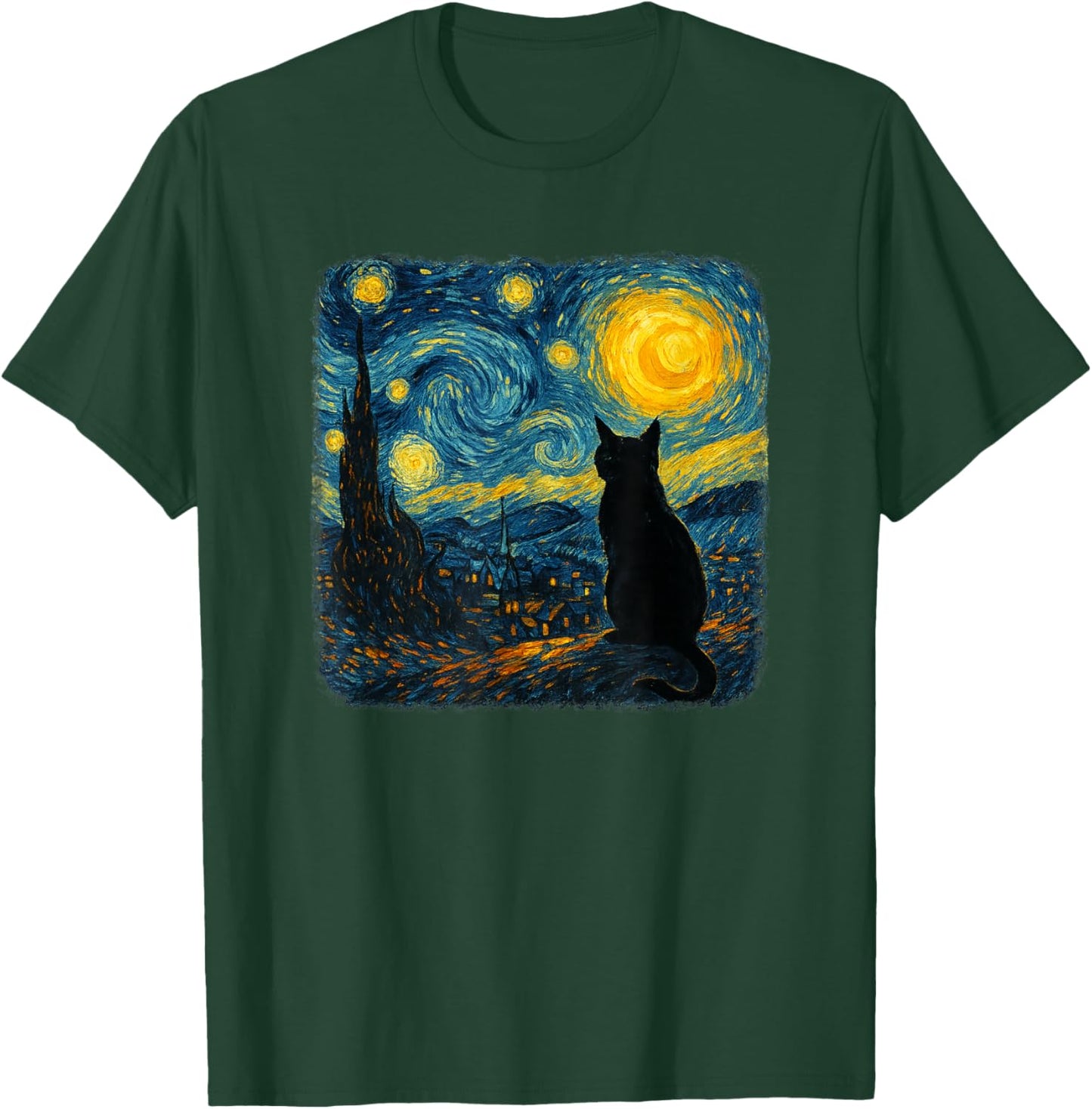 Funny Black Cat Starry Night Parody Painting Cat Lovers T-Shirt - T-Shirt | Forest