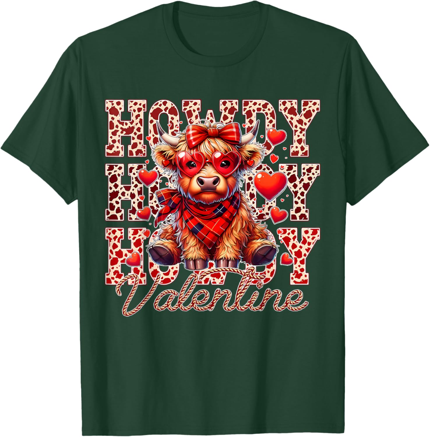 Howdy Valentine Highland Cow Red Plaid Coquette Bow Hearts T-Shirt - T-Shirt | Forest
