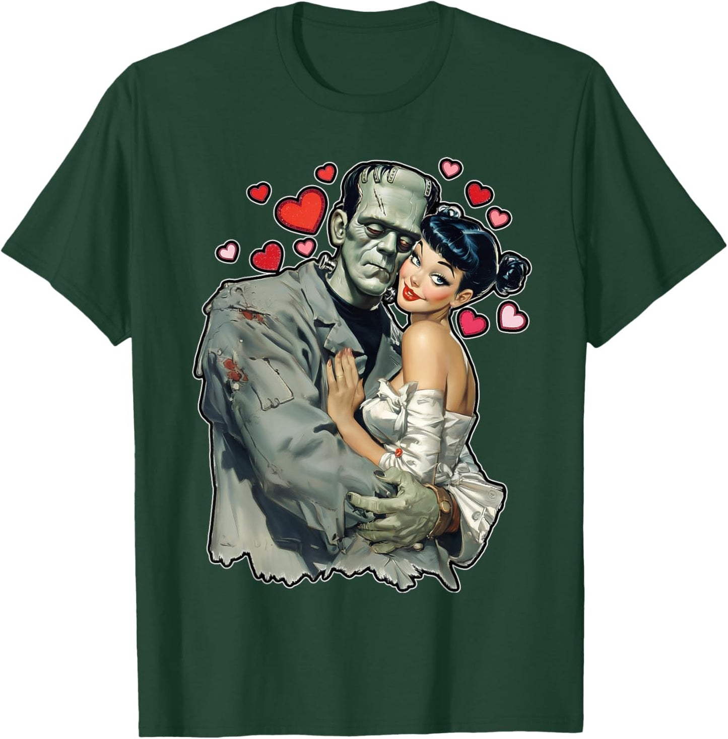 Love Heart Valentines Romantic Frankenstein and Wife Graphic T-Shirt - T-Shirt | Forest