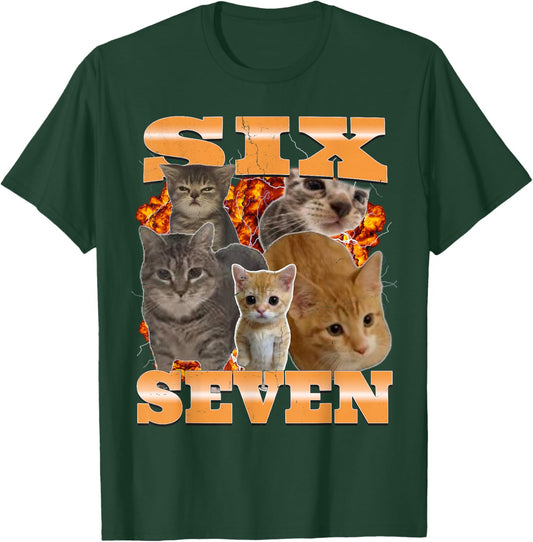 Six Seven Cat Meme Funny Bootleg Graphic T-Shirt - T-Shirt | Forest