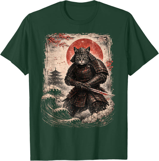 Funny Samurai Cat Sunset Vintage Graphic Ukiyo-e Art Drawing T-Shirt - T-Shirt | Forest