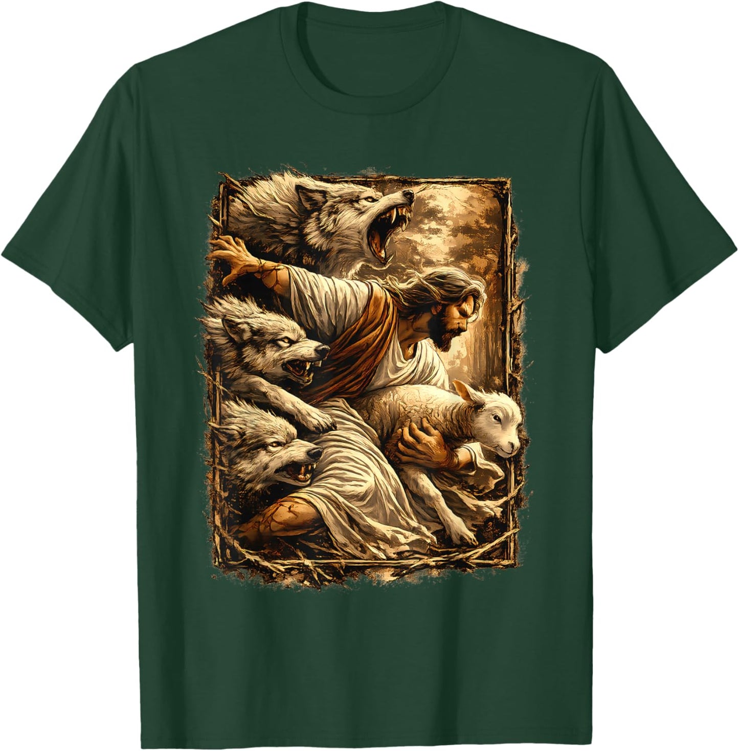 Jesus Protecting Lamb Sheep from Wolves T-Shirt - T-Shirt | Forest