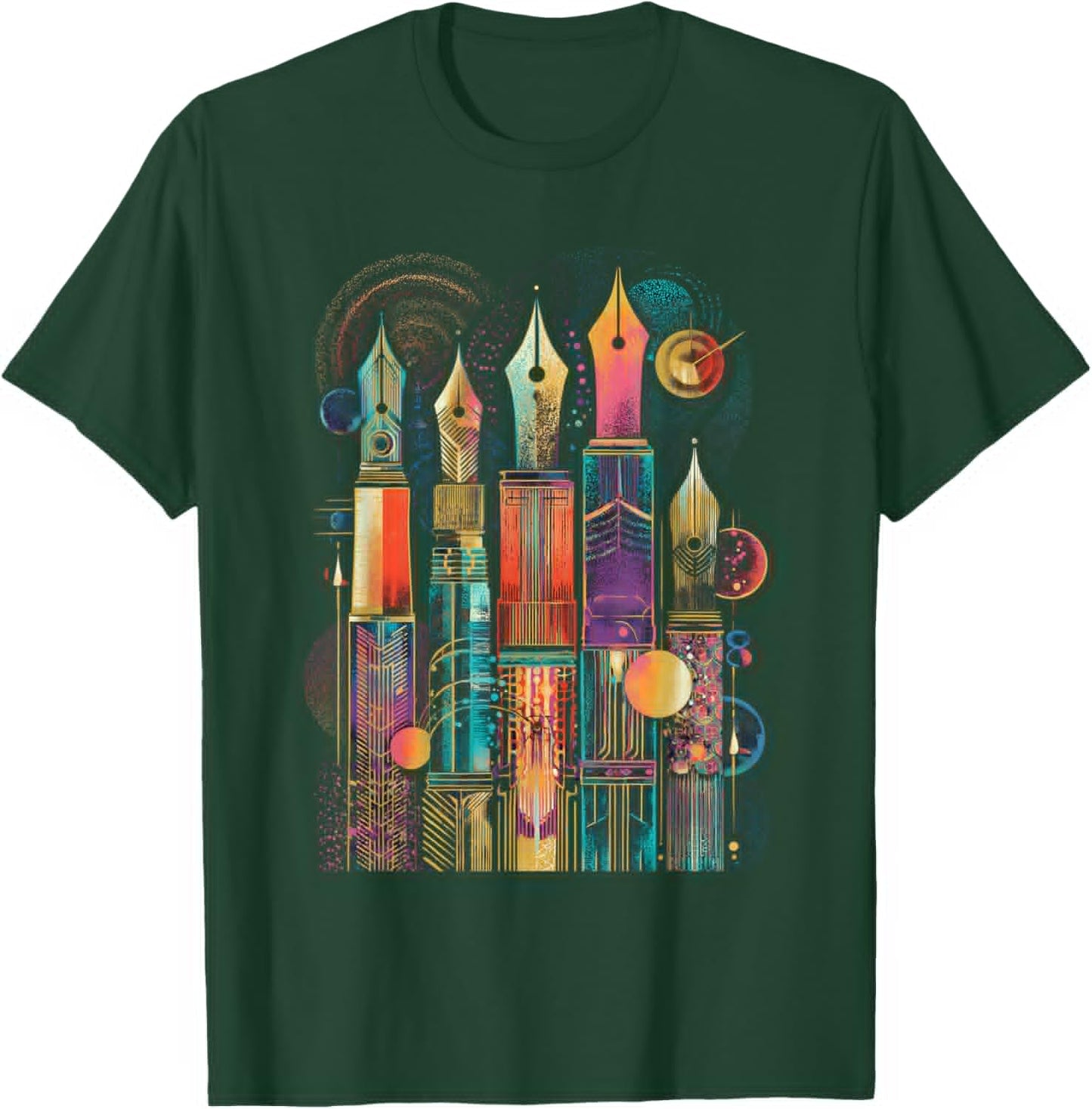 Art Deco Fountain Pen Skyline with Retro Abstract Geometry T-Shirt - T-Shirt | Forest