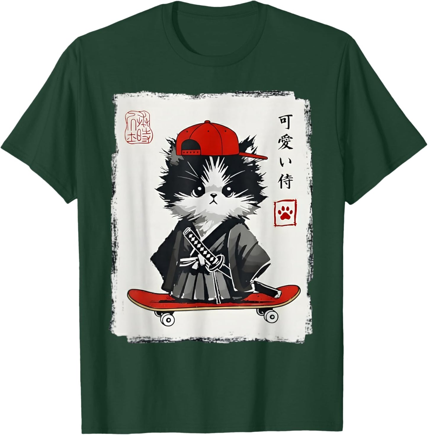 Samurai Cat Skateboard Kawaii Men Women Kids Funny Japanese T-Shirt - T-Shirt | Forest