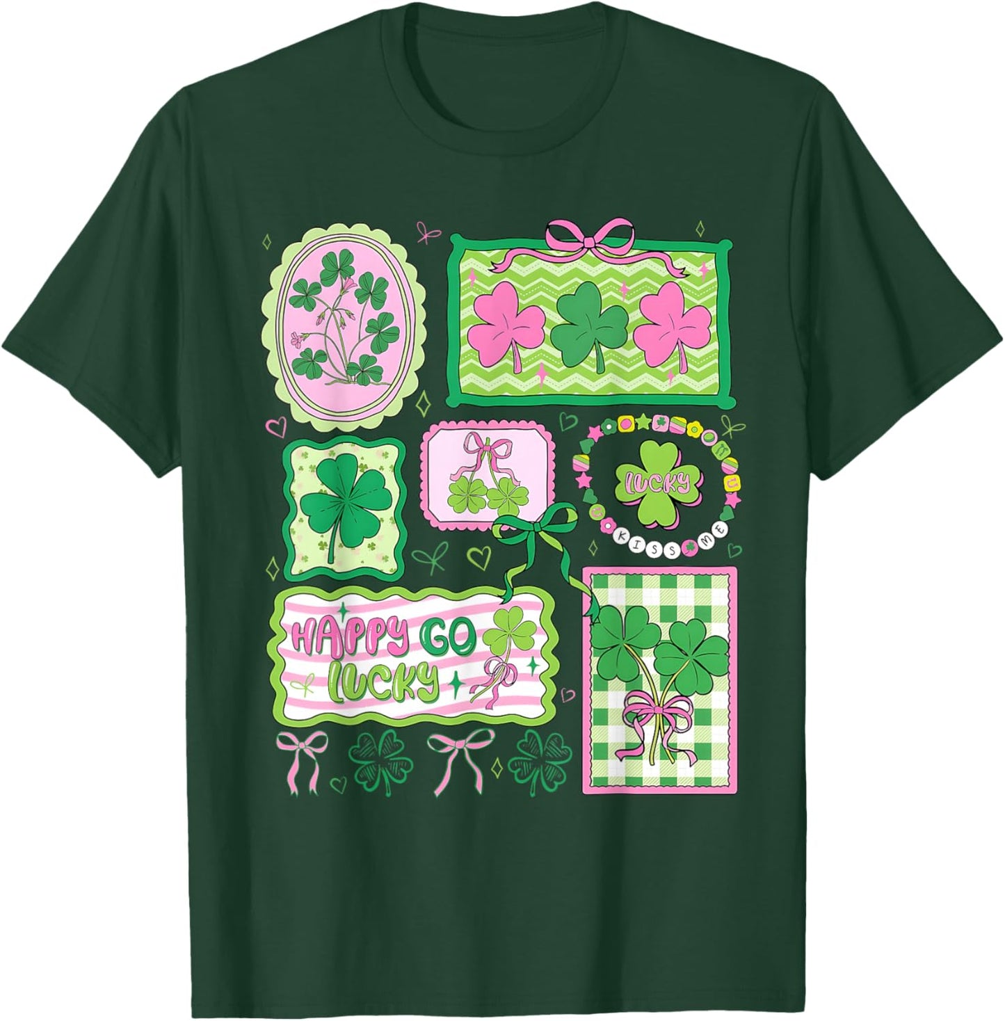 Preppy St Patricks Day Happy Go Lucky Shamrock Bow Men Women T-Shirt - T-Shirt | Forest