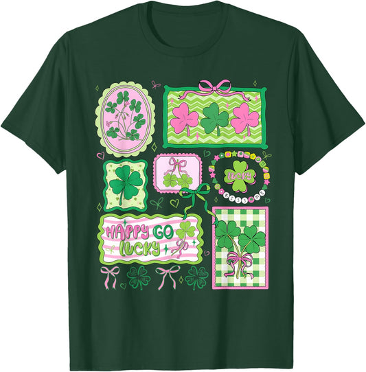 Preppy St Patricks Day Happy Go Lucky Shamrock Bow Men Women T-Shirt - T-Shirt | Forest