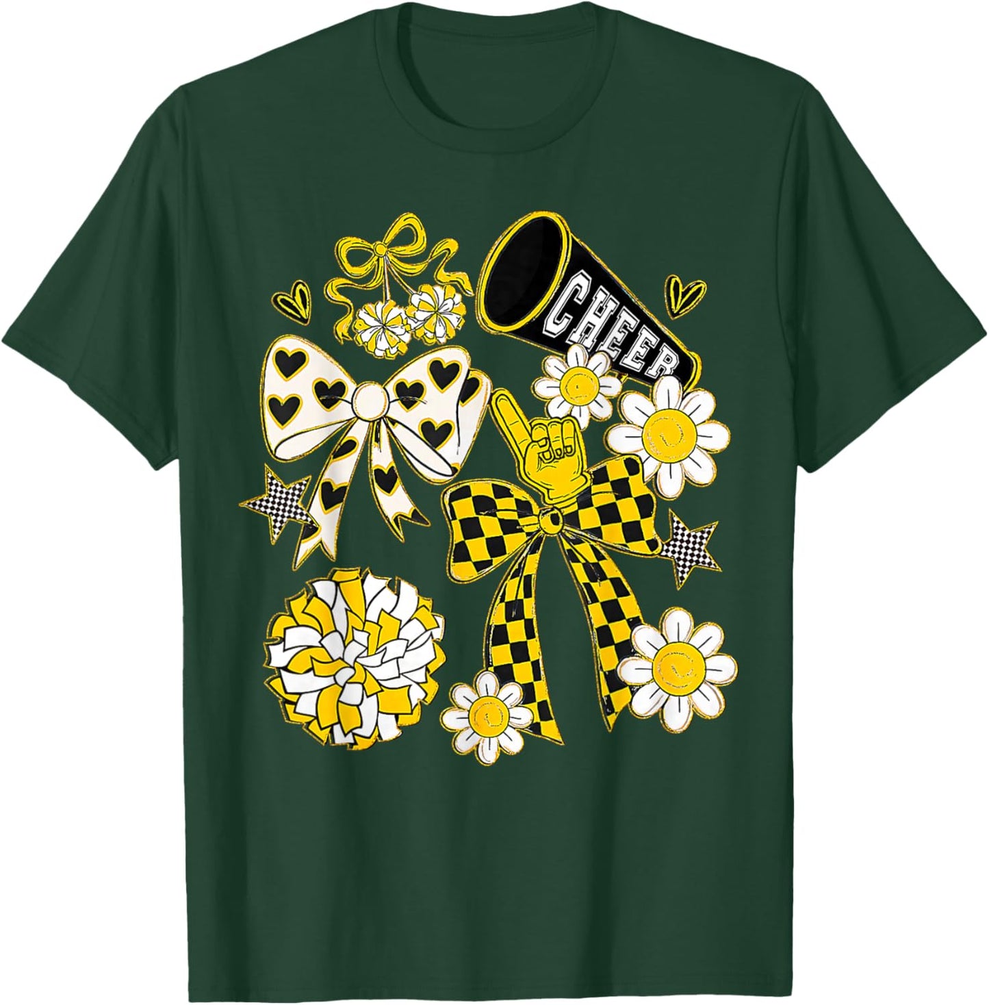 Coquette Bow Football Gold Black Game Cheer Mom Touchdown T-Shirt - T-Shirt | Forest