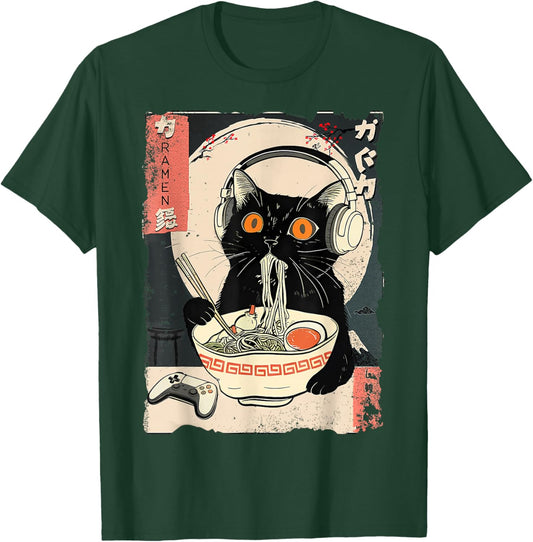 Funny Kawaii Gamer Cat Retro Japanese Cat Ramen Gaming T-Shirt - T-Shirt | Forest