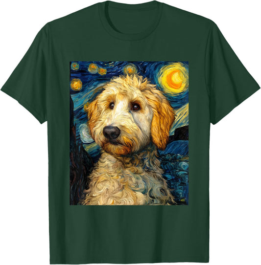 Golden Doodle Goldendoodle Dog Van Gogh Starry Night Graphic T-Shirt - T-Shirt | Forest