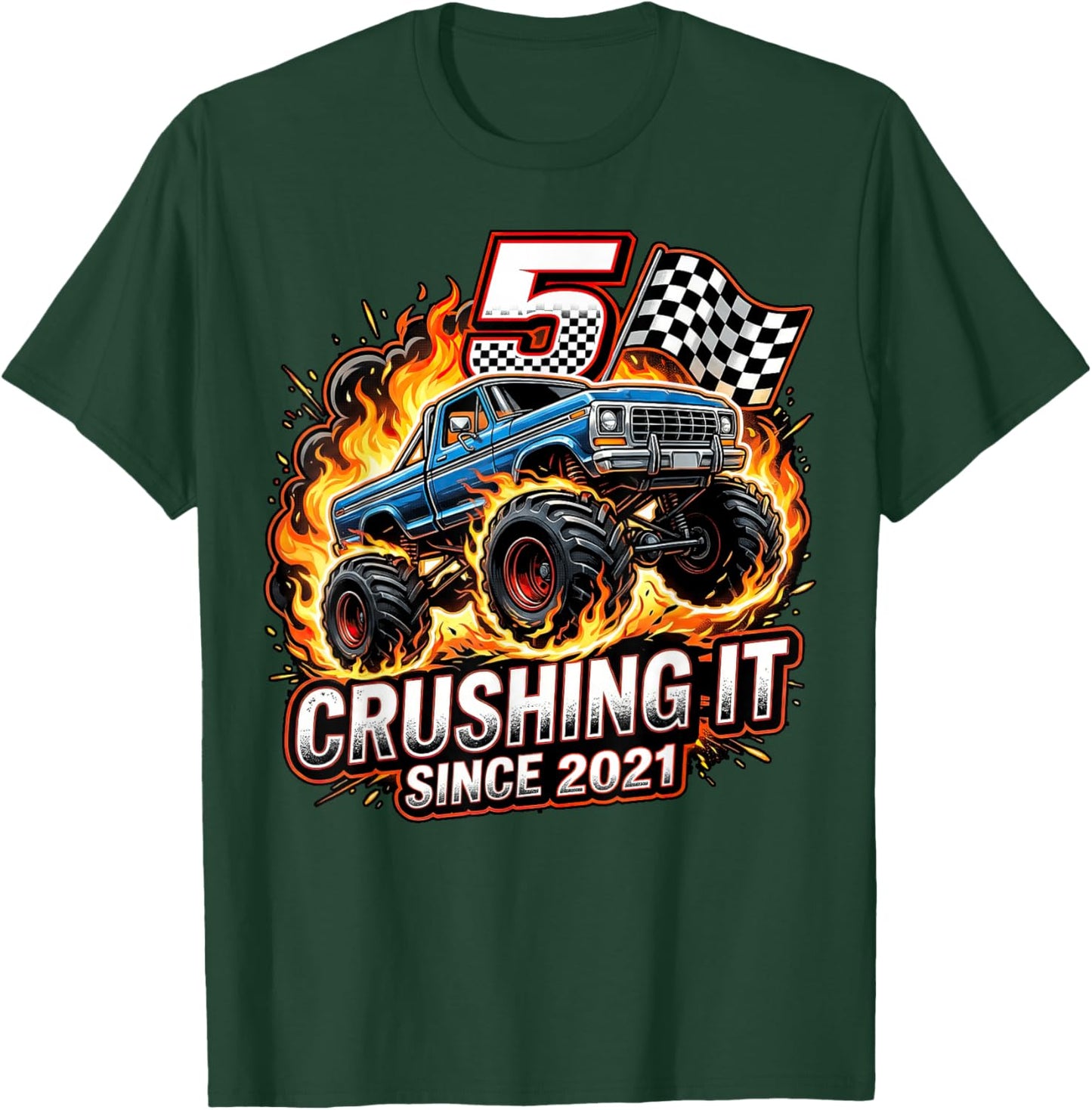 Birthday Monster Truck 5 Year Old Boys 5th Party Born 2021 T-Shirt - T-Shirt | Forest
