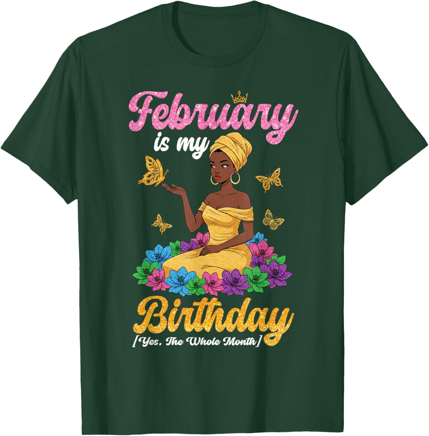 February is My Birthday Black Queen Butterfly Floral Girl T-Shirt - T-Shirt | Forest