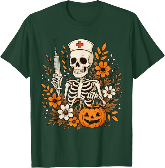 Nurse Skeleton Pumpkin Halloween Autumn Nurse Halloween T-Shirt - T-Shirt | Forest