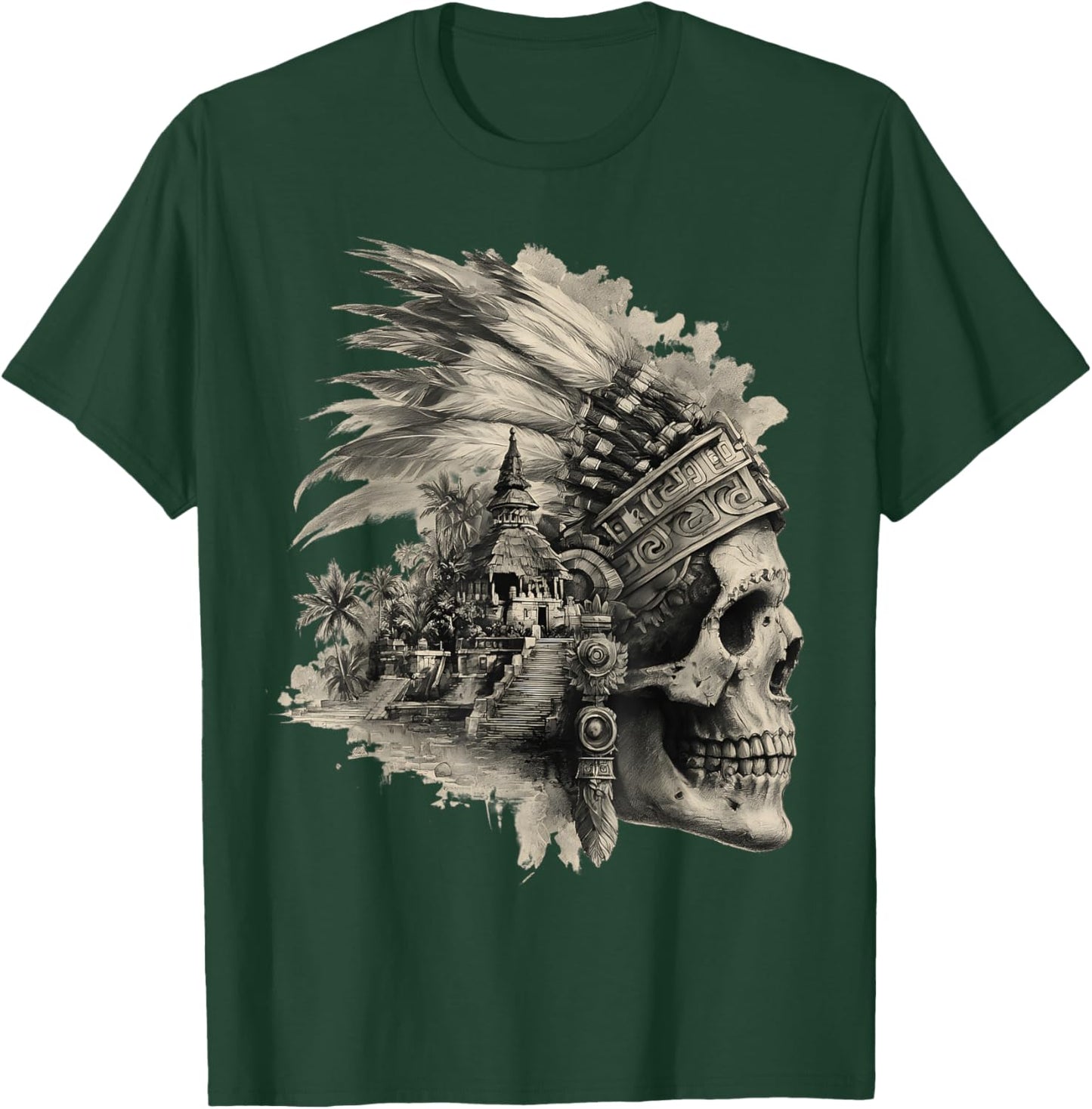 Feathered Aztec Skull Maya Mexican Mayan Indigenous Azteca T-Shirt - T-Shirt | Forest