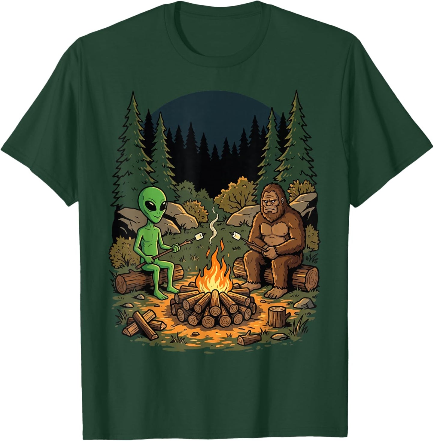 Bigfoot Alien Campfire Camping T-Shirt - T-Shirt | Forest