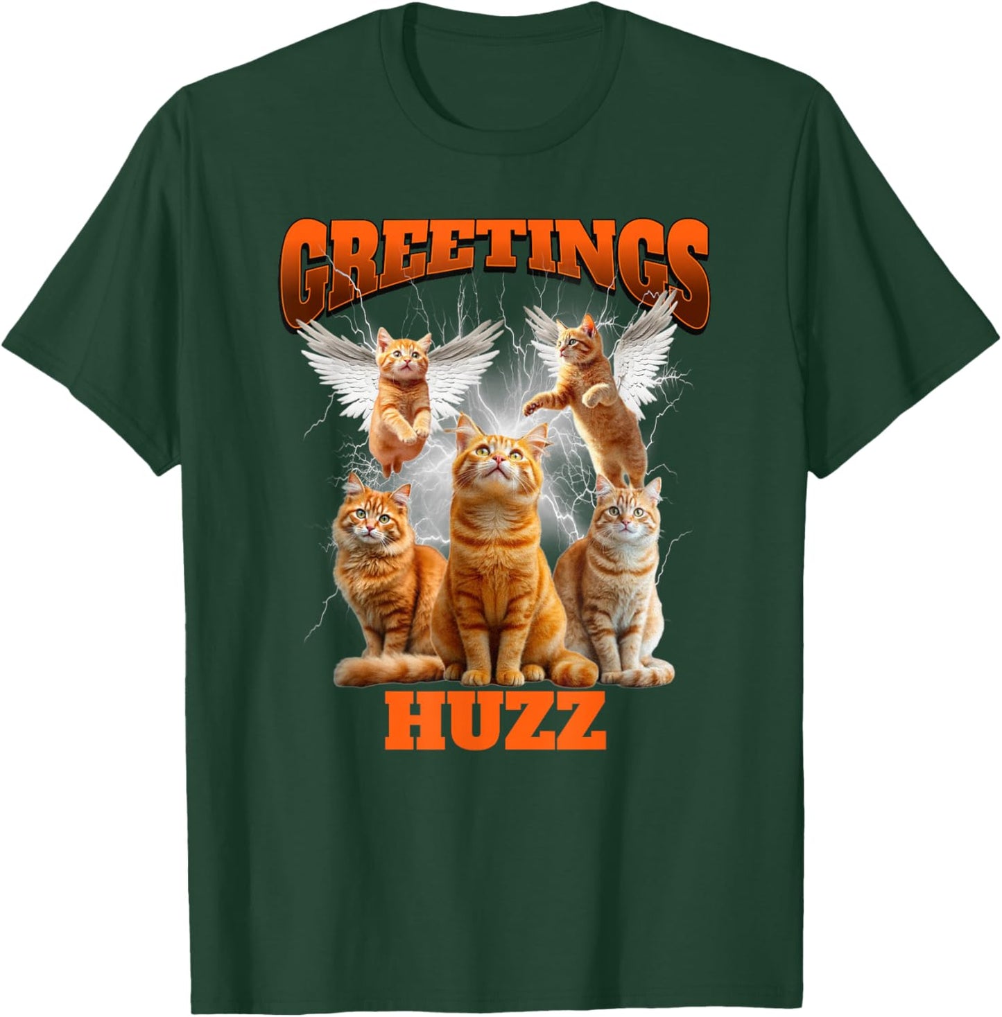 Greetings Huzz Bootleg Cat Meme Graphic Retro Y2K Aesthetic T-Shirt - T-Shirt | Forest