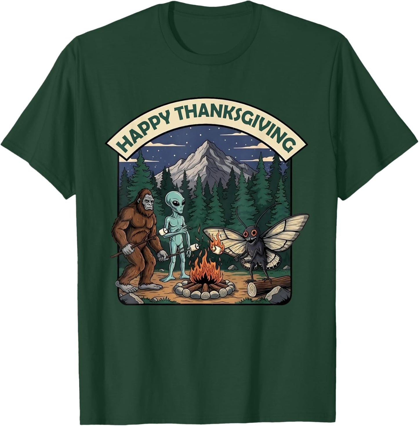 Happy Thanksgiving Shirt Men Bigfoot Alien Mothman Sasquatch T-Shirt - T-Shirt | Forest