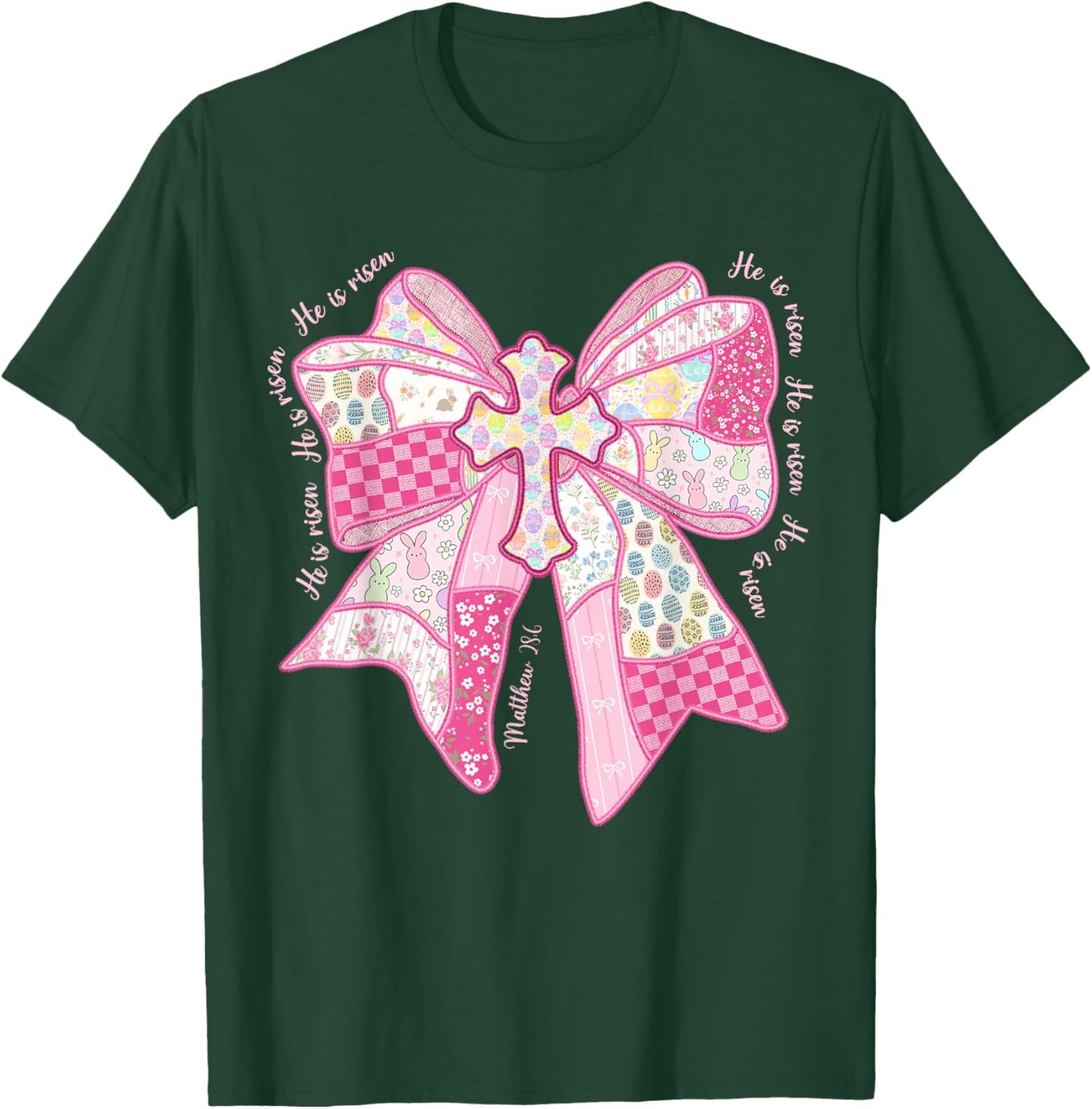 He is Risen Christian Cross Jesus Coquette Bow Bunny Easter T-Shirt - T-Shirt | Forest