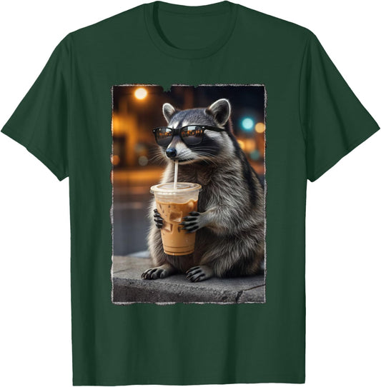 Cool Raccoon Drinking Iced Coffee At Night Funny Streetwear T-Shirt - T-Shirt | Forest