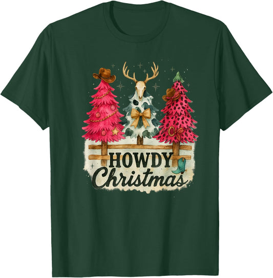 Howdy Christmas Western Trees Cowprint Leopard Cowboy T-Shirt - T-Shirt | Forest