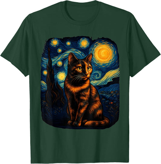 Tortoiseshell Tortie Starry Night Kitty Cat Art T-Shirt - T-Shirt | Forest