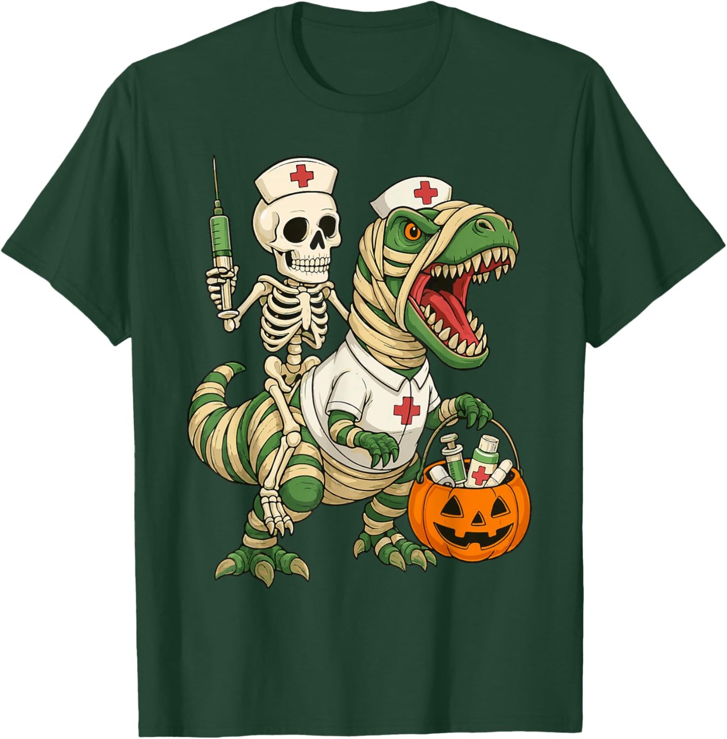 Nurse Skeleton Riding Mummy Dinosaur T rex Halloween Nurse T-Shirt - T-Shirt | Forest