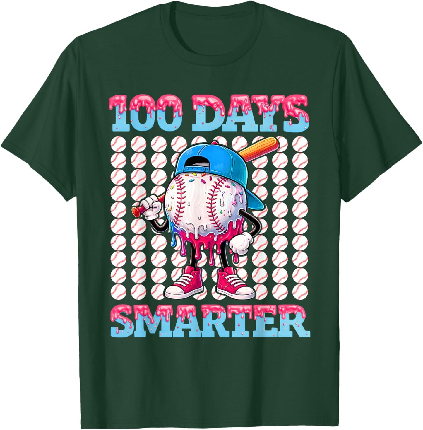 100 Days Smarter Baseball Drip Boys 100 Days of School Kids T-Shirt - T-Shirt | Forest