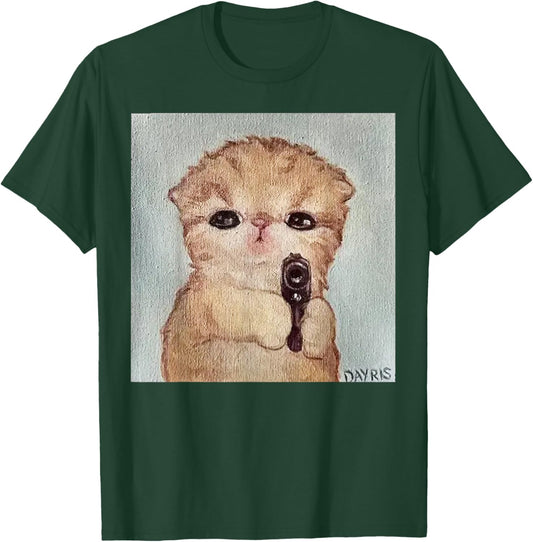 Angry Kitty with Gun Funny Cat Meme Kawaii Kitty Joke T-Shirt - T-Shirt | Forest