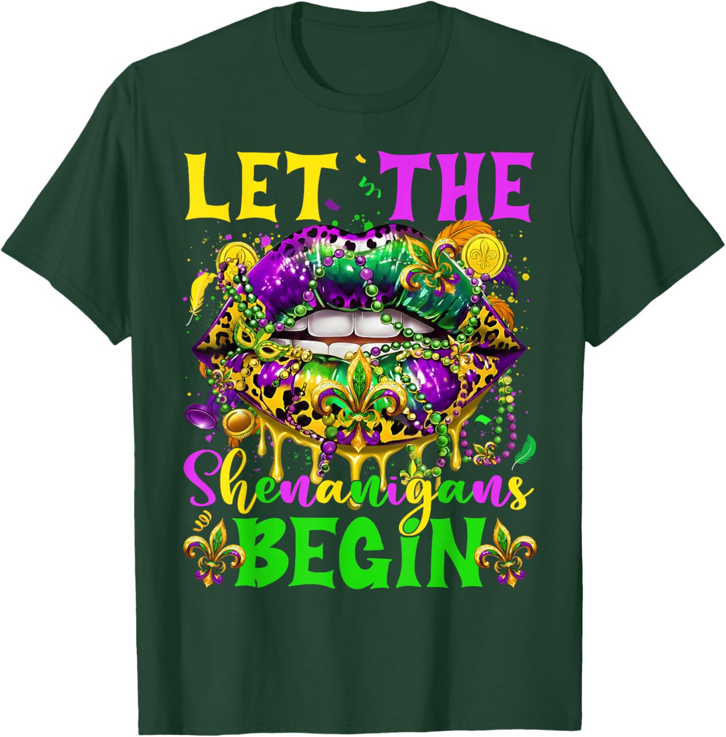 Let The Shenanigans Begin Mardi Gras Lips Girl Women Kid T-Shirt - T-Shirt | Forest