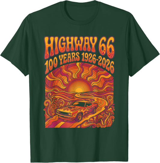 Highway 66 100 Years 1926-2026 Psychedelic Classic Car T-Shirt - T-Shirt | Forest