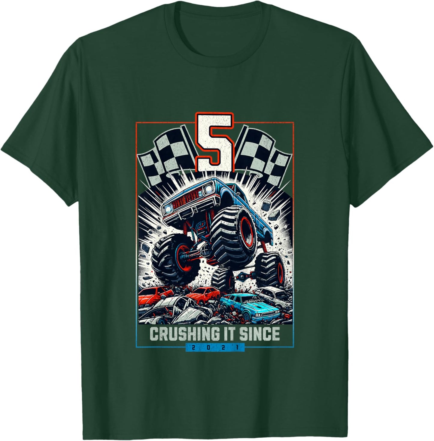Kids 5th Birthday Truck Turning 5 Years Old Boy Born in 2021 T-Shirt - T-Shirt | Forest