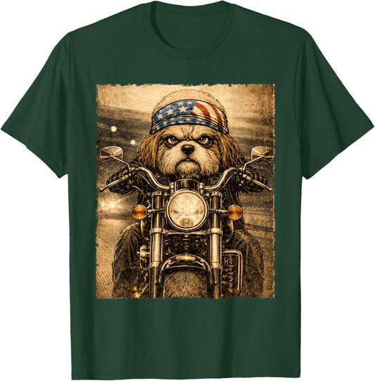 Vintage Shih Tzu Dog Biker Riding Classic Motorcycle T-Shirt - T-Shirt | Forest