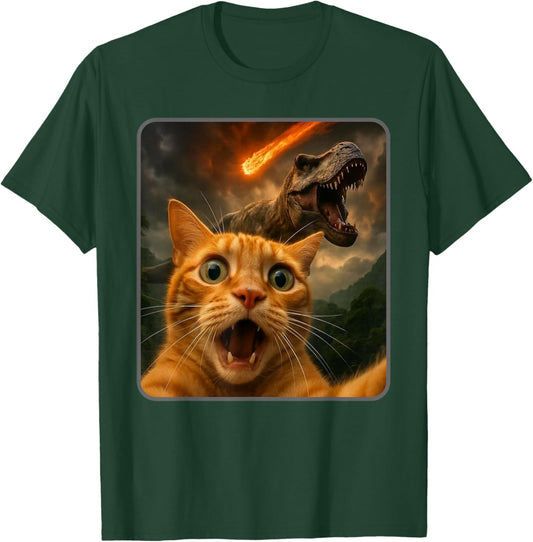Cat Selfie with a T-Rex Funny Dinosaur Meme T-Shirt - T-Shirt | Forest