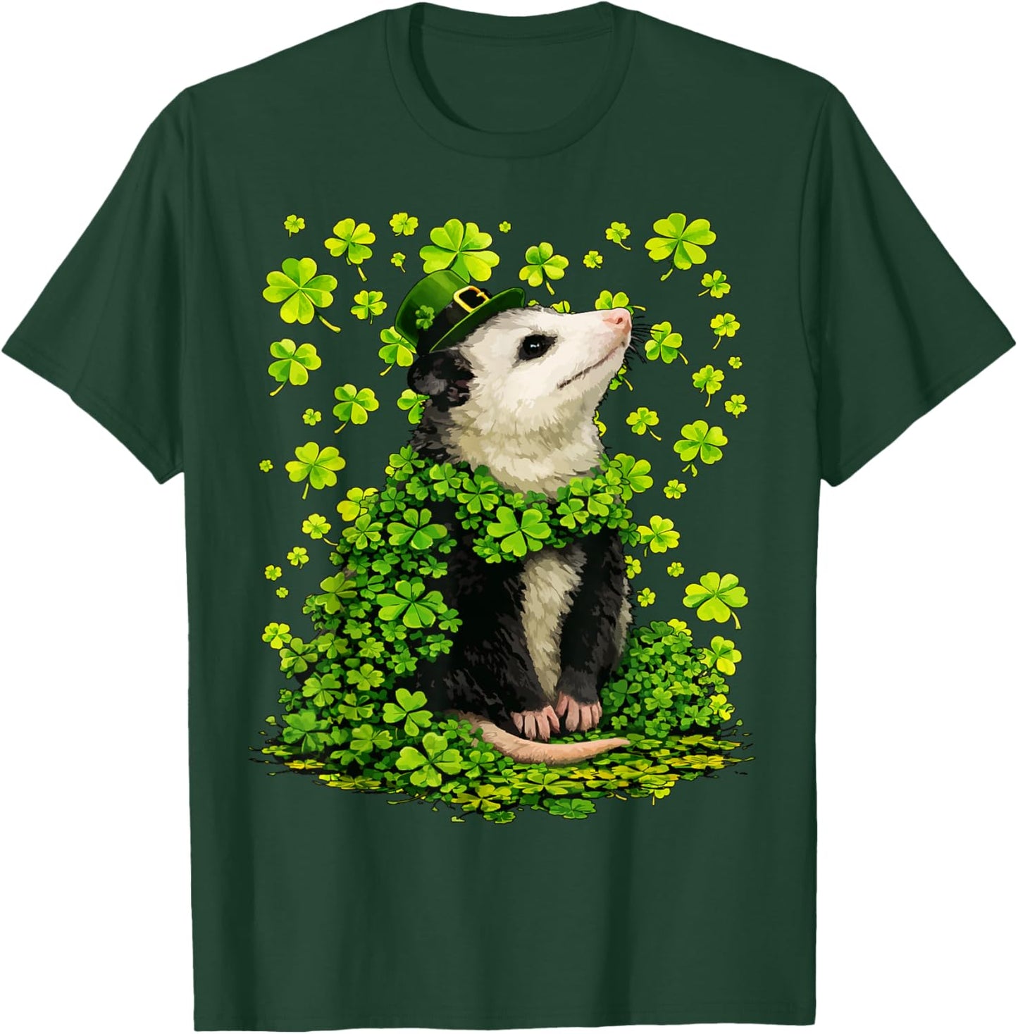 Lucky Opossum with Shamrocks Clovers St Patricks Day Possum T-Shirt - T-Shirt | Forest