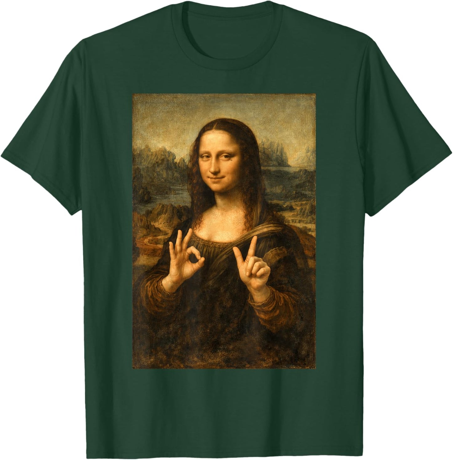 Funny Mona Lisa OK Peace Sign Art Parody Masterpiece T-Shirt - T-Shirt | Forest