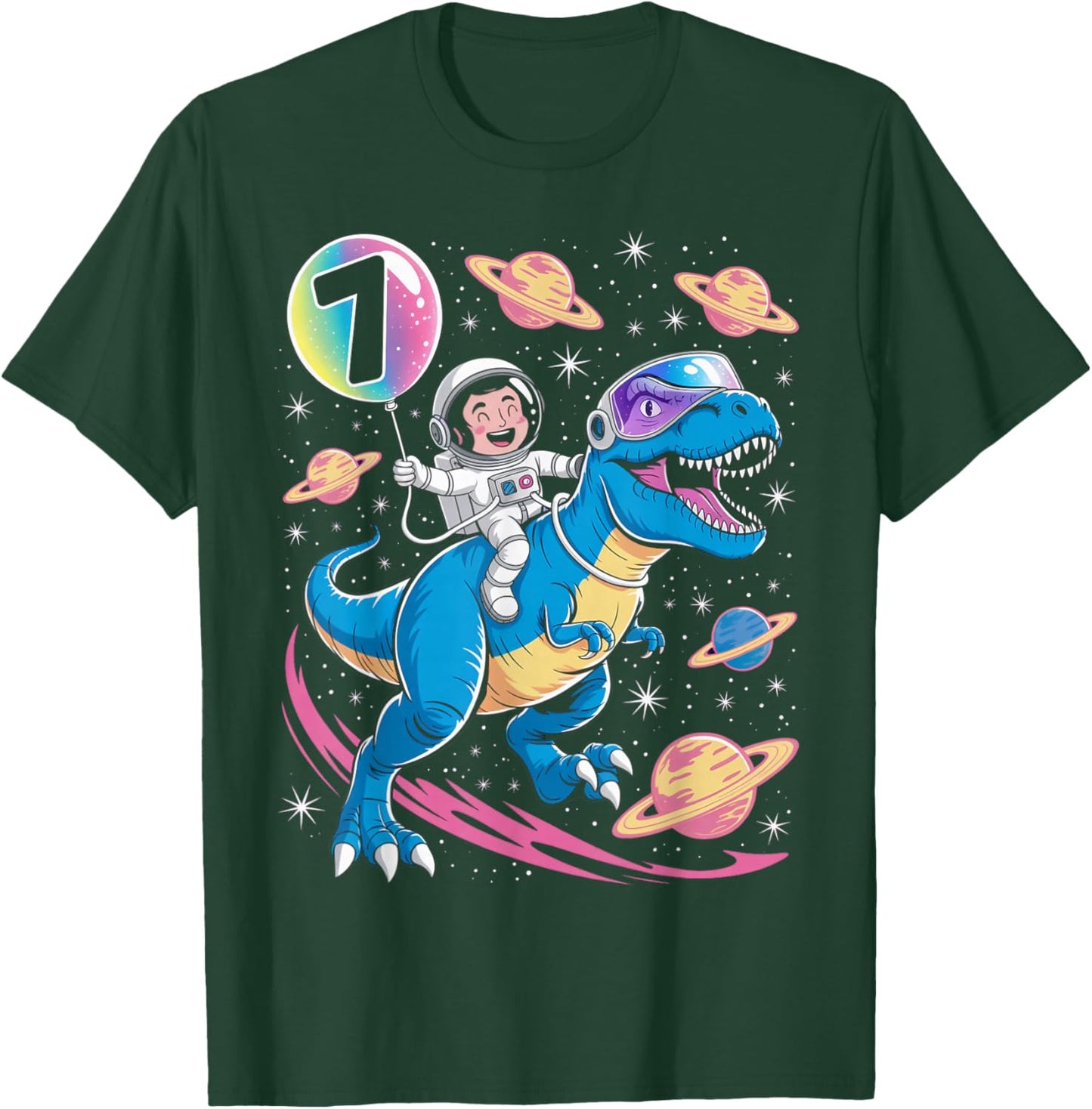 Astronaut Trex Dinosaur 7 Years Old Space Kids 7th Birthday T-Shirt - T-Shirt | Forest