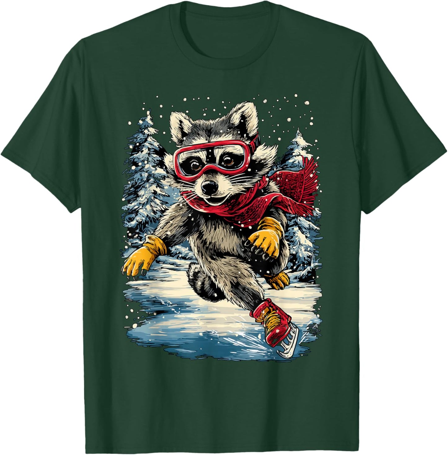 Joyful Raccoon Ice Skating Christmas Winter Season Animal T-Shirt - T-Shirt | Forest