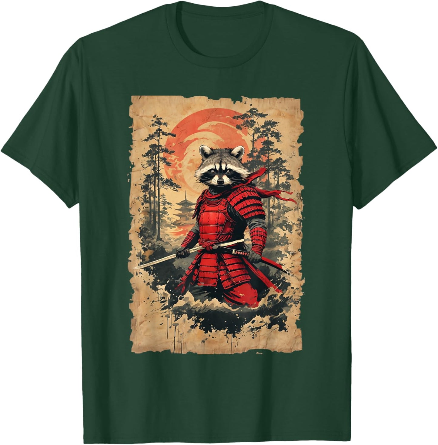 Japanese Samurai Raccoon Warrior Vintage Style Graphic T-Shirt - T-Shirt | Forest