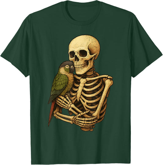 Skeleton Hugging Green Cheek Conure Parrot Funny Halloween T-Shirt - T-Shirt | Forest