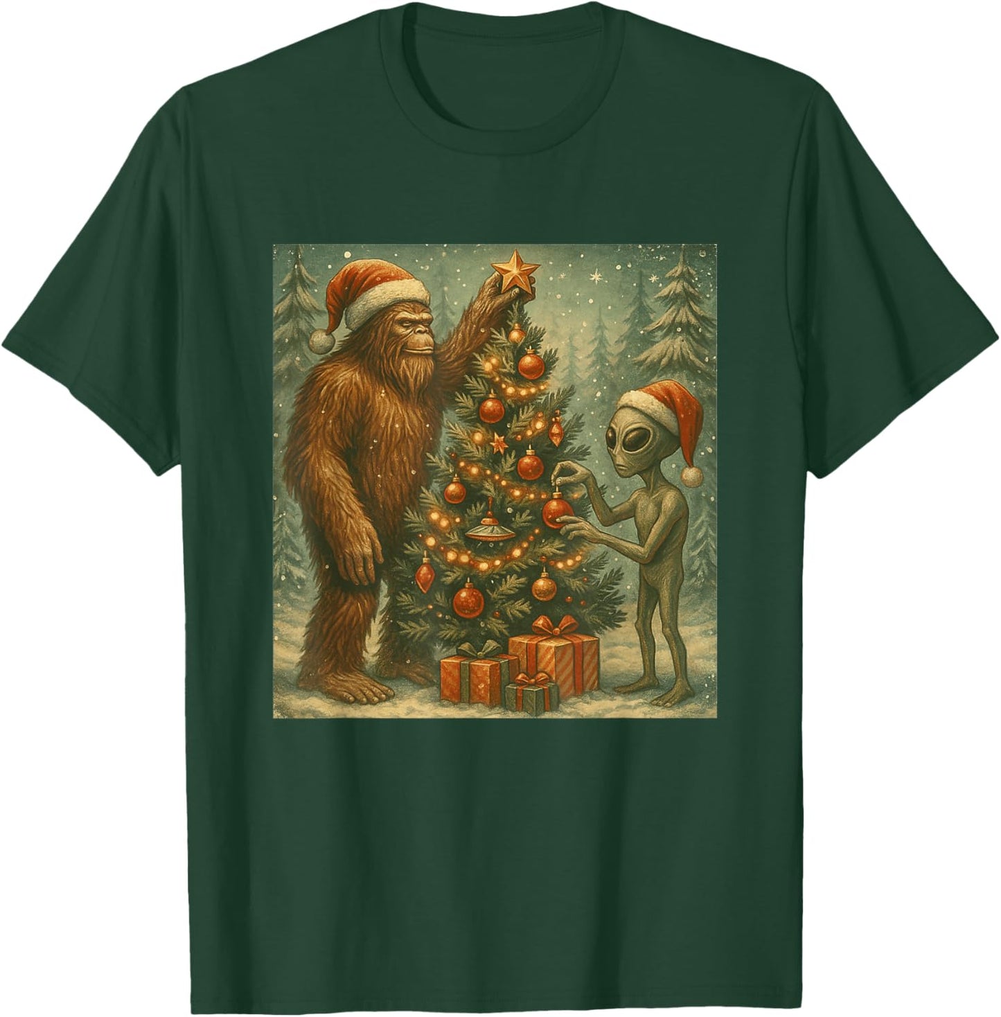 Alien and Bigfoot Decorating Christmas Tree Sasquatch Retro T-Shirt - T-Shirt | Forest