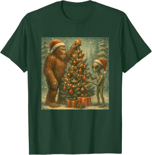Alien and Bigfoot Decorating Christmas Tree Sasquatch Retro T-Shirt - T-Shirt | Forest