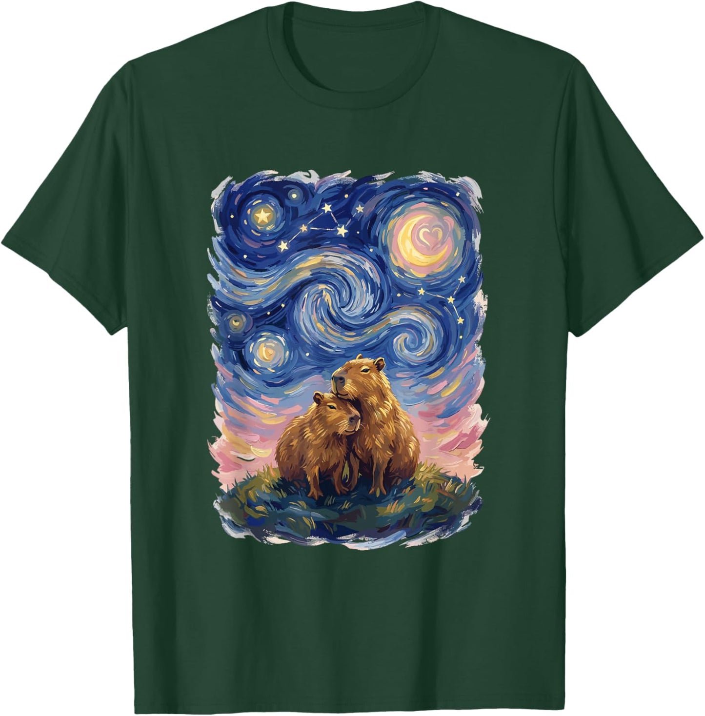 Starry Night Capybara Couple Art Parody Valentine's Day T-Shirt - T-Shirt | Forest