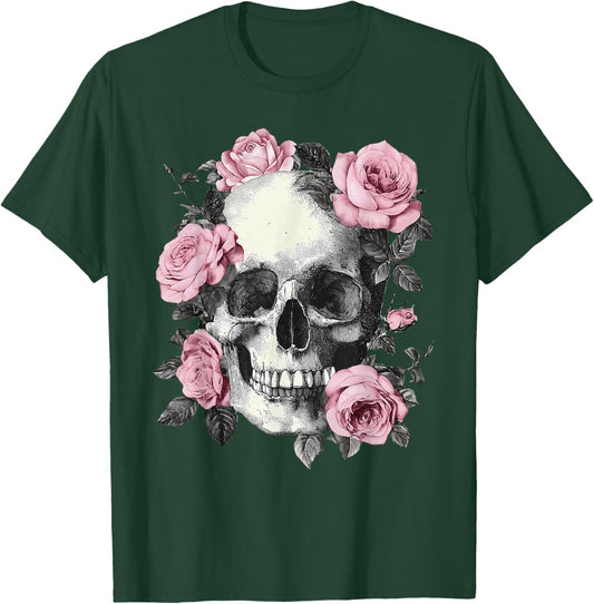 Floral Sugar Skull Rose Flowers Skeleton Halloween Men Women T-Shirt - T-Shirt | Forest