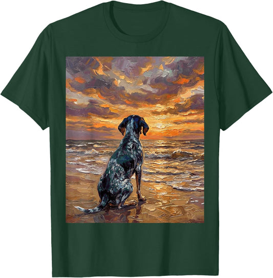Blue Tick Coonhound on a Sunset Beach Hound Dog Artwork T-Shirt - T-Shirt | Forest