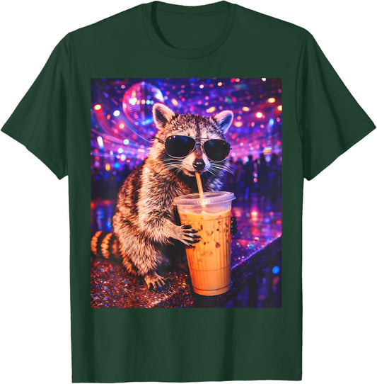 Raccoon Drinking Iced Coffee Funny Animal Meme Men Women T-Shirt - T-Shirt | Forest